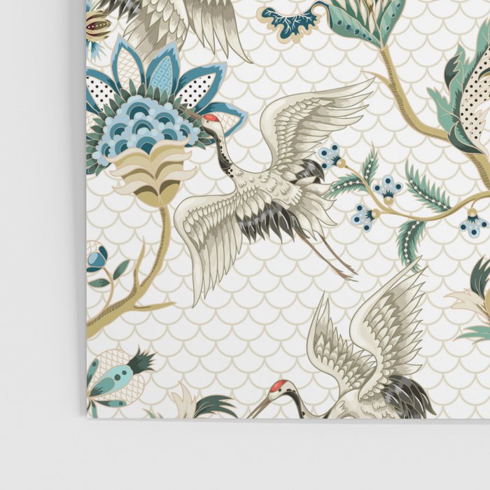 Japanese Ornate Heron Pattern Ivory Silver Blue II Poster Gallery Image 3