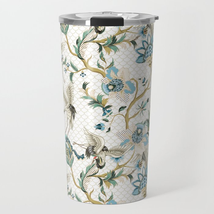 Japanese Ornate Heron Pattern Ivory Silver Blue II Travel Mug Gallery Image 1