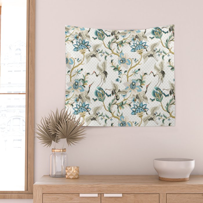 Japanese Ornate Heron Pattern Ivory Silver Blue II Wall Tapestry Gallery Image 2