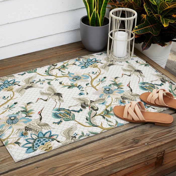 Japanese Ornate Heron Pattern Ivory Silver Blue II Outdoor Rug Gallery Image 2