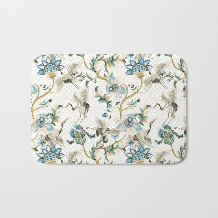 Japanese Ornate Heron Pattern Ivory Silver Blue II Bath Mat Gallery Image 1