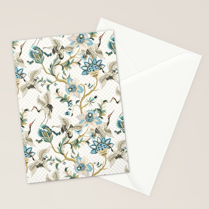 Japanese Ornate Heron Pattern Ivory Silver Blue II Stationery Card Gallery Image 2