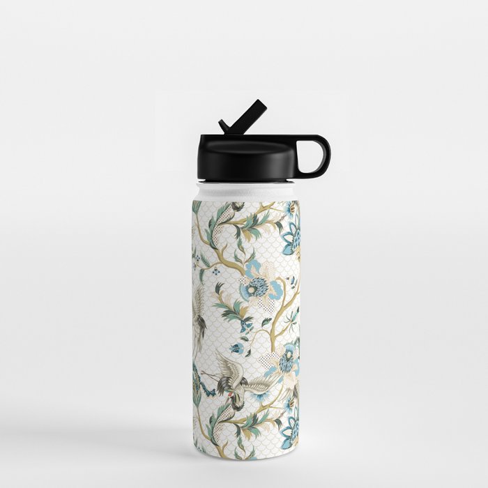 Japanese Ornate Heron Pattern Ivory Silver Blue II Water Bottle Gallery Image 1