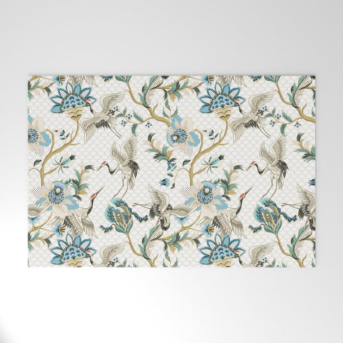Japanese Ornate Heron Pattern Ivory Silver Blue II Welcome Mat Gallery Image 1
