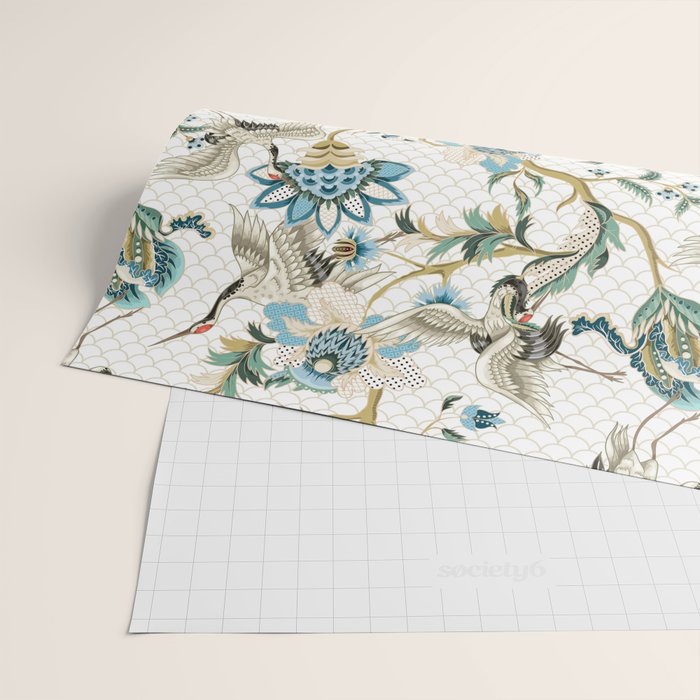 Japanese Ornate Heron Pattern Ivory Silver Blue II Wrapping Paper Gallery Image 2