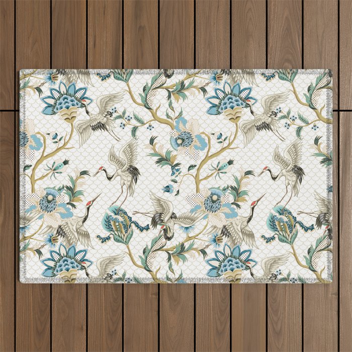 Japanese Ornate Heron Pattern Ivory Silver Blue II Outdoor Rug Gallery Image 1
