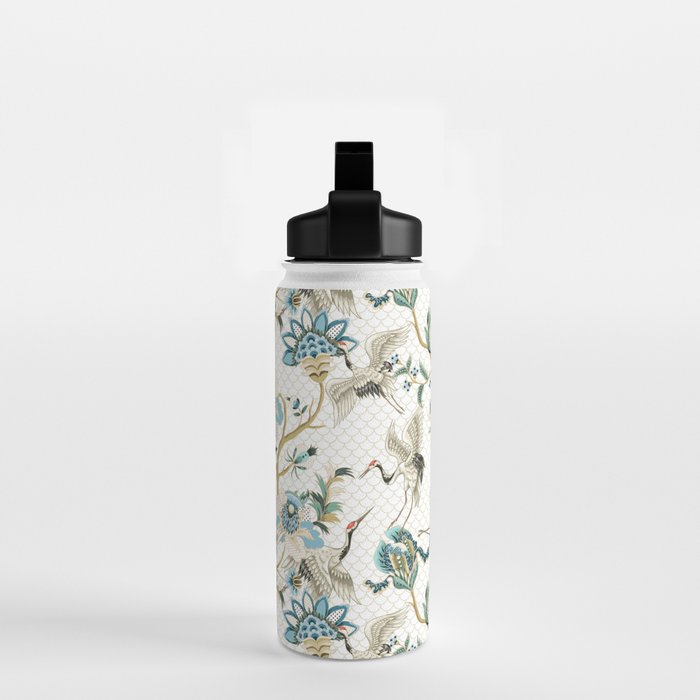 Japanese Ornate Heron Pattern Ivory Silver Blue II Water Bottle Gallery Image 2