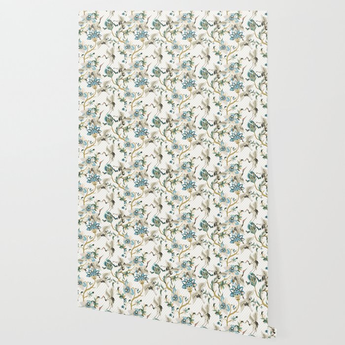 Japanese Ornate Heron Pattern Ivory Silver Blue II Wallpaper Gallery Image 2
