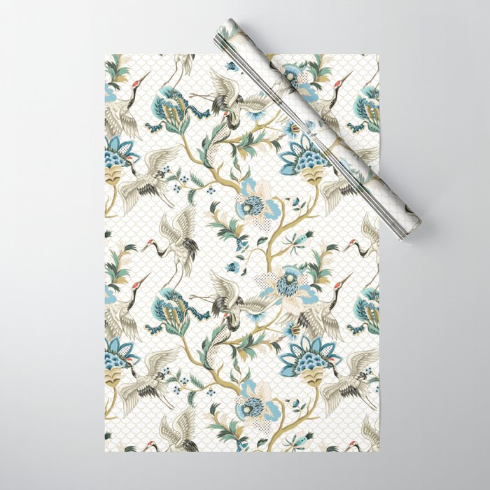 Japanese Ornate Heron Pattern Ivory Silver Blue II Wrapping Paper Gallery Image 1
