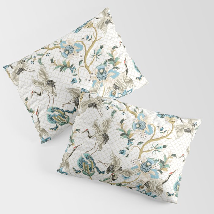 Japanese Ornate Heron Pattern Ivory Silver Blue II Pillow Sham Gallery Image 3