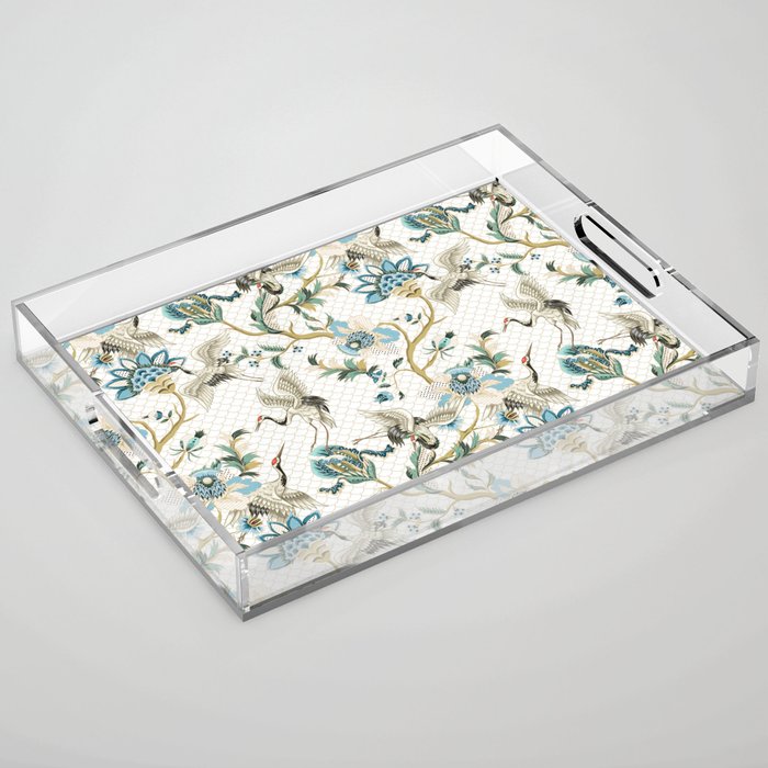 Japanese Ornate Heron Pattern Ivory Silver Blue II Acrylic Tray Gallery Image 1