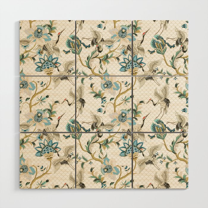 Japanese Ornate Heron Pattern Ivory Silver Blue II Wood Wall Art Gallery Image 1