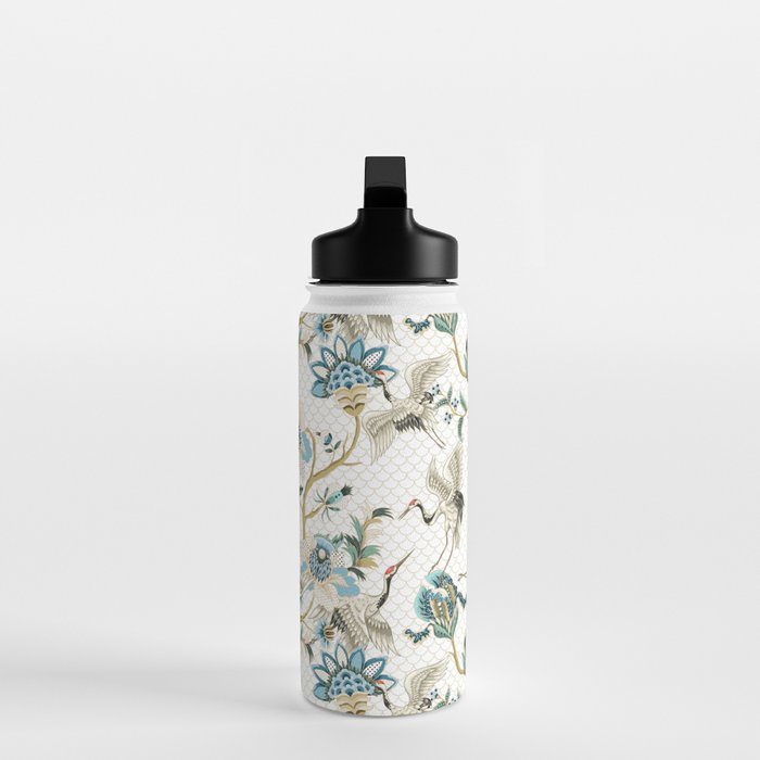 Japanese Ornate Heron Pattern Ivory Silver Blue II Water Bottle Gallery Image 3
