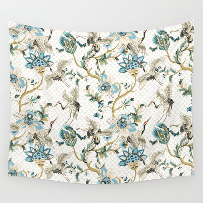 Japanese Ornate Heron Pattern Ivory Silver Blue II Wall Tapestry Gallery Image 4