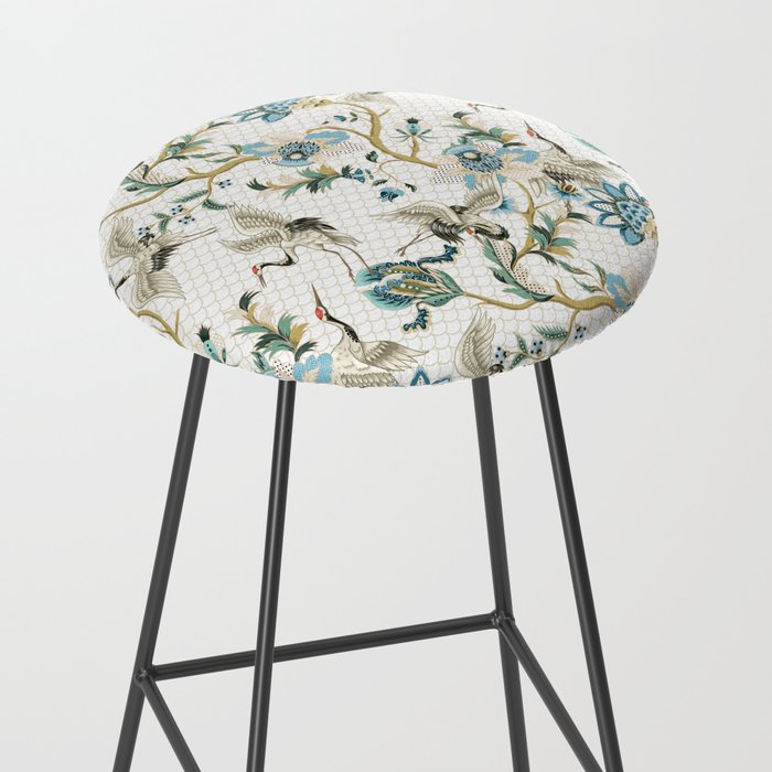 Japanese Ornate Heron Pattern Ivory Silver Blue II Stool Gallery Image 2