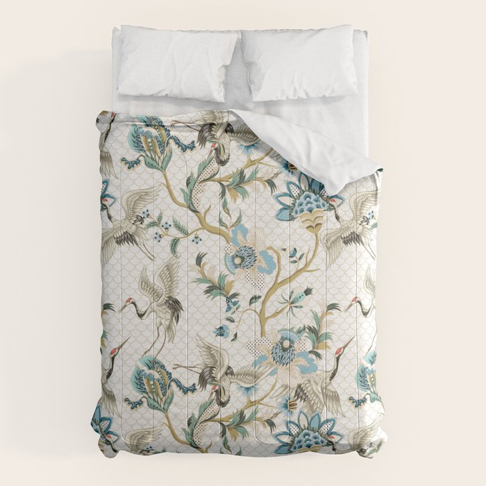 Japanese Ornate Heron Pattern Ivory Silver Blue II Comforter Gallery Image 1