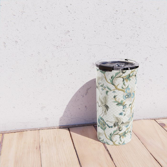 Japanese Ornate Heron Pattern Ivory Silver Blue II Travel Mug Gallery Image 4