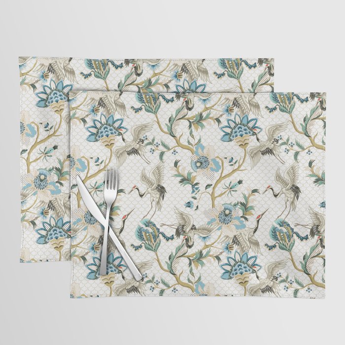 Japanese Ornate Heron Pattern Ivory Silver Blue II Placemat Gallery Image 1