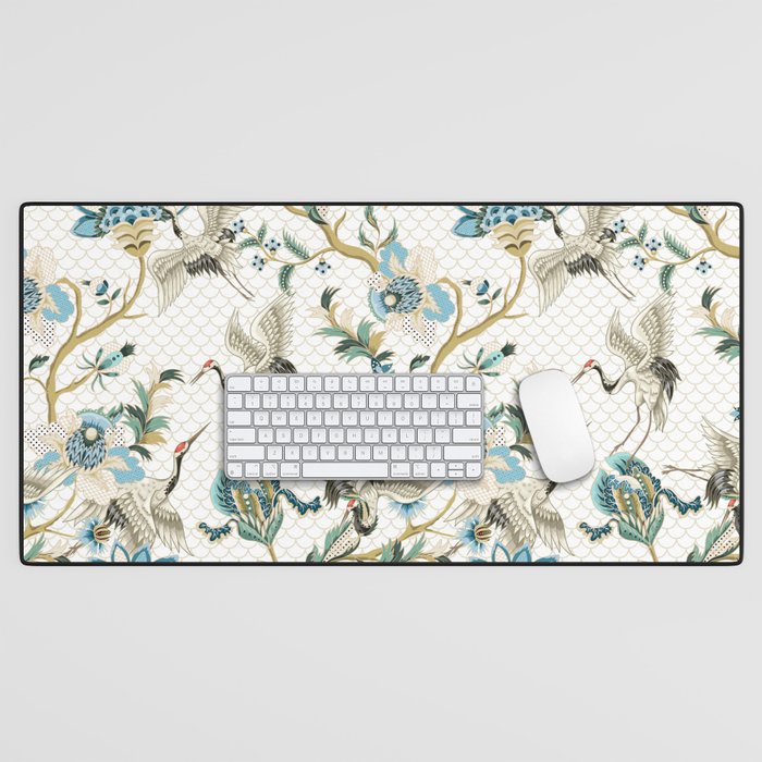 Japanese Ornate Heron Pattern Ivory Silver Blue II Desk Mat Gallery Image 1