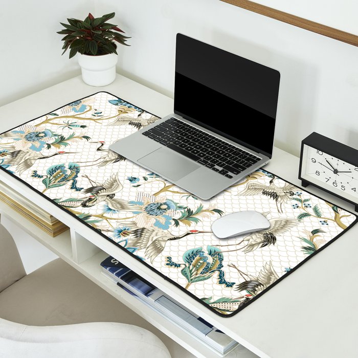 Japanese Ornate Heron Pattern Ivory Silver Blue II Desk Mat Gallery Image 2