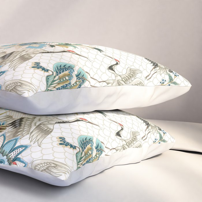 Japanese Ornate Heron Pattern Ivory Silver Blue II Pillow Sham Gallery Image 3