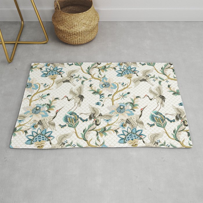 Japanese Ornate Heron Pattern Ivory Silver Blue II Rug Gallery Image 1