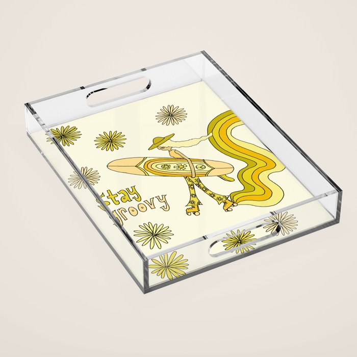 stay groovy rollerskate // retro surf art by surfy birdy Acrylic Tray Gallery Image 1