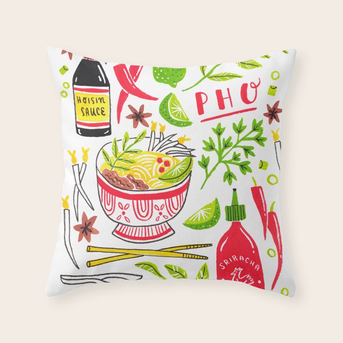 Vietnamese Pho Soup Sriracha Throw Pillow Gallery Image 1