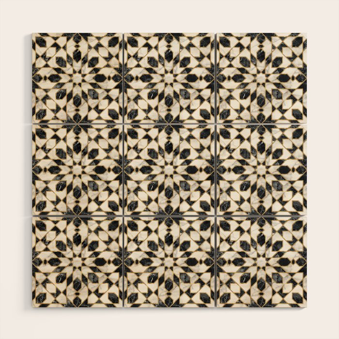 Black and white marble Moroccan mosaic Wood Wall Art Gallery Image 1