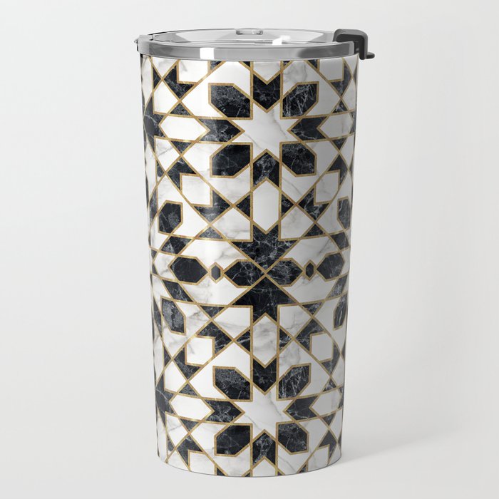Black and white marble Moroccan mosaic Travel Mug Gallery Image 2