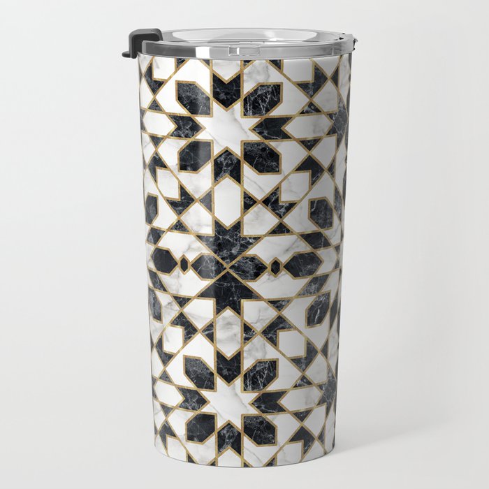 Black and white marble Moroccan mosaic Travel Mug Gallery Image 3