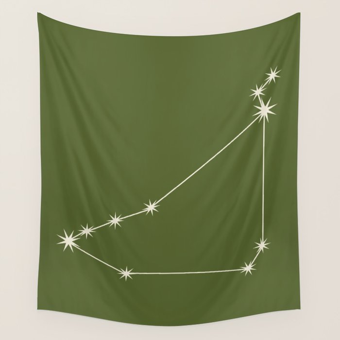 Capricorn Zodiac Star Constellation Line Art Olive Green Wall Tapestry Gallery Image 4