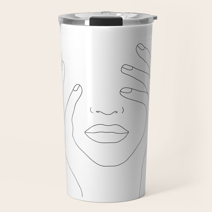 Minimal Line Art Woman with Hands on Face Travel Mug Gallery Image 1