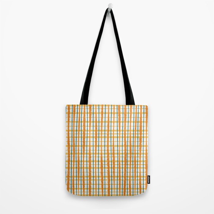 Retro Picnic Plaid Stripes - Watercolor Striped Pattern in Ochre, Mustard, Blue, and Cream Tote Bag Gallery Image 2