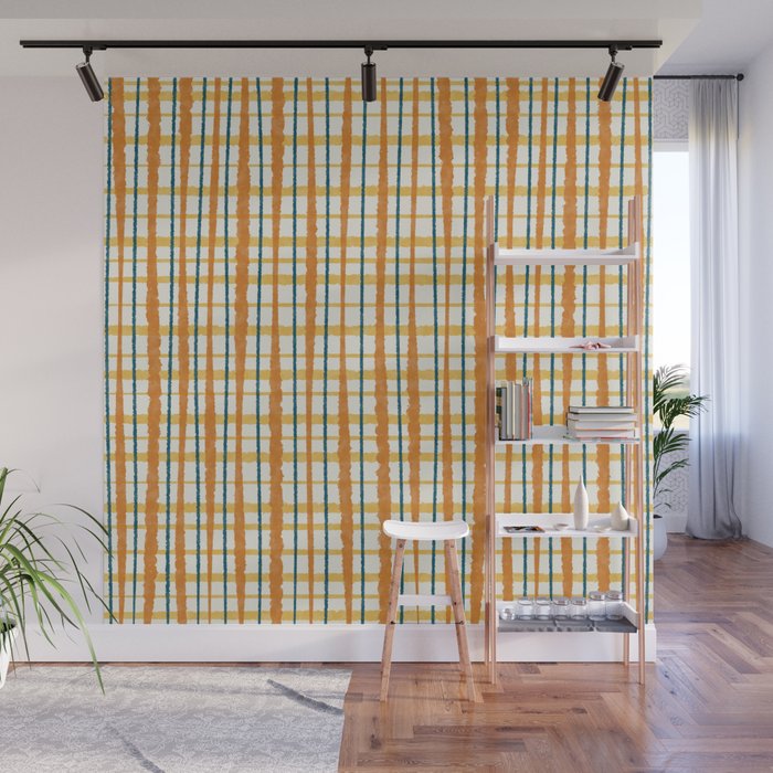 Retro Picnic Plaid Stripes - Watercolor Striped Pattern in Ochre, Mustard, Blue, and Cream Wall Mural Gallery Image 1