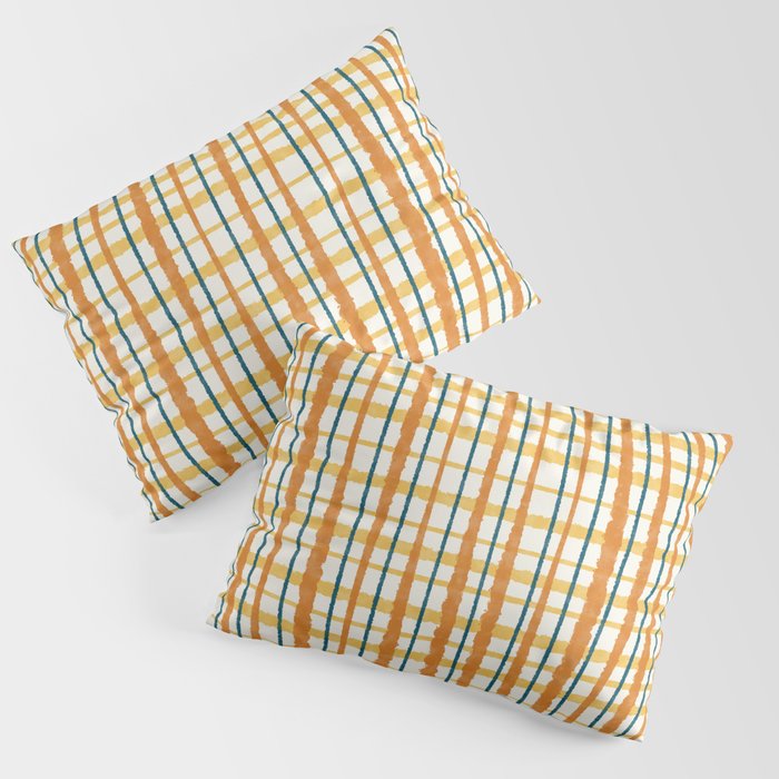 Retro Picnic Plaid Stripes - Watercolor Striped Pattern in Ochre, Mustard, Blue, and Cream Pillow Sham Gallery Image 3