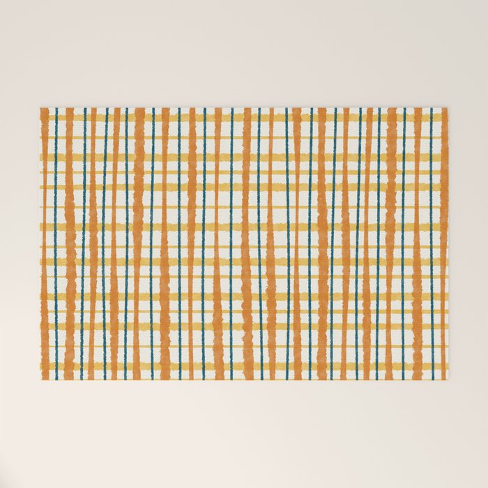 Retro Picnic Plaid Stripes - Watercolor Striped Pattern in Ochre, Mustard, Blue, and Cream Welcome Mat Gallery Image 1