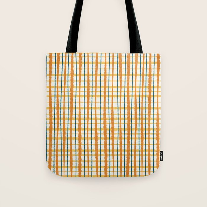 Retro Picnic Plaid Stripes - Watercolor Striped Pattern in Ochre, Mustard, Blue, and Cream Tote Bag Gallery Image 1