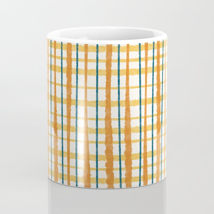 Retro Picnic Plaid Stripes - Watercolor Striped Pattern in Ochre, Mustard, Blue, and Cream Coffee Mug Gallery Image 4