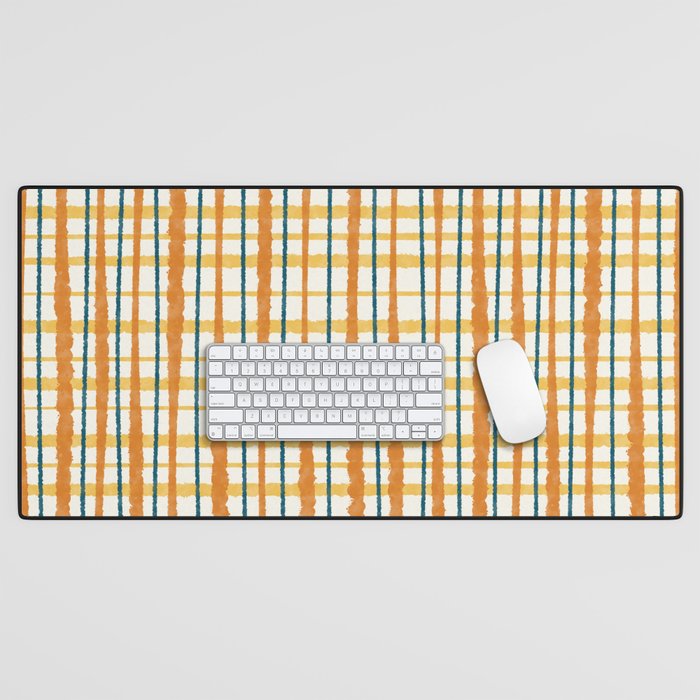 Retro Picnic Plaid Stripes - Watercolor Striped Pattern in Ochre, Mustard, Blue, and Cream Desk Mat Gallery Image 1