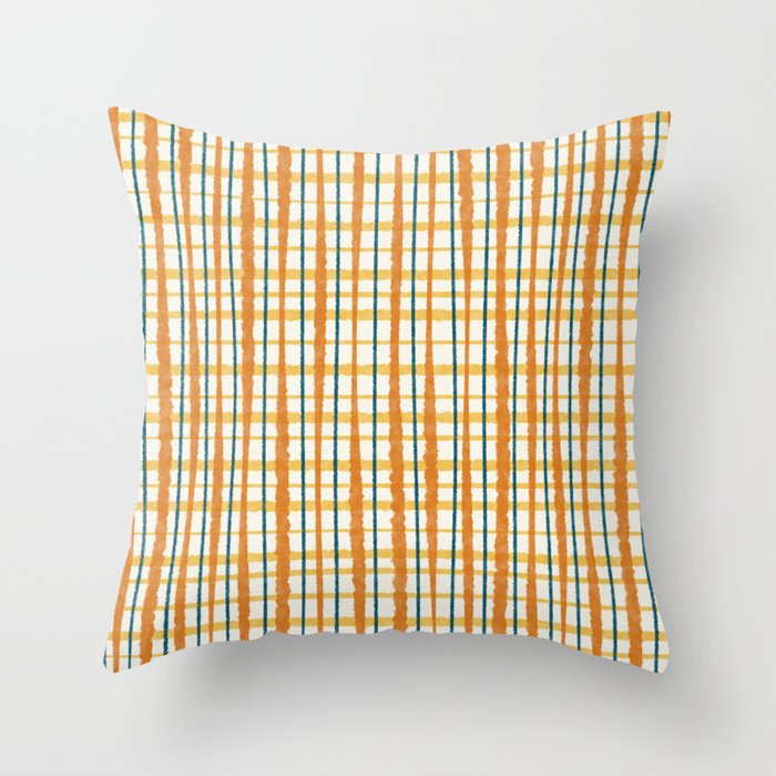 Retro Picnic Plaid Stripes - Watercolor Striped Pattern in Ochre, Mustard, Blue, and Cream Throw Pillow Gallery Image 1