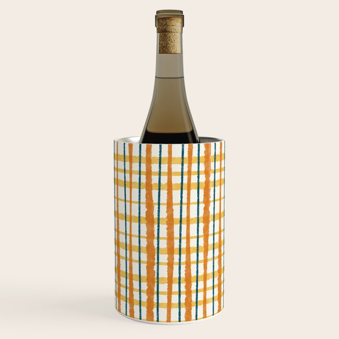 Retro Picnic Plaid Stripes - Watercolor Striped Pattern in Ochre, Mustard, Blue, and Cream Wine Chiller Gallery Image 3