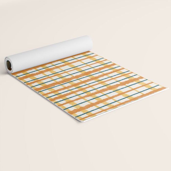 Retro Picnic Plaid Stripes - Watercolor Striped Pattern in Ochre, Mustard, Blue, and Cream Yoga Mat Gallery Image 2