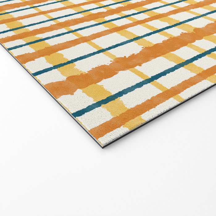 Retro Picnic Plaid Stripes - Watercolor Striped Pattern in Ochre, Mustard, Blue, and Cream Welcome Mat Gallery Image 2