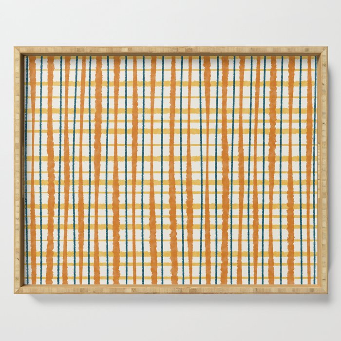 Retro Picnic Plaid Stripes - Watercolor Striped Pattern in Ochre, Mustard, Blue, and Cream Serving Tray Gallery Image 1