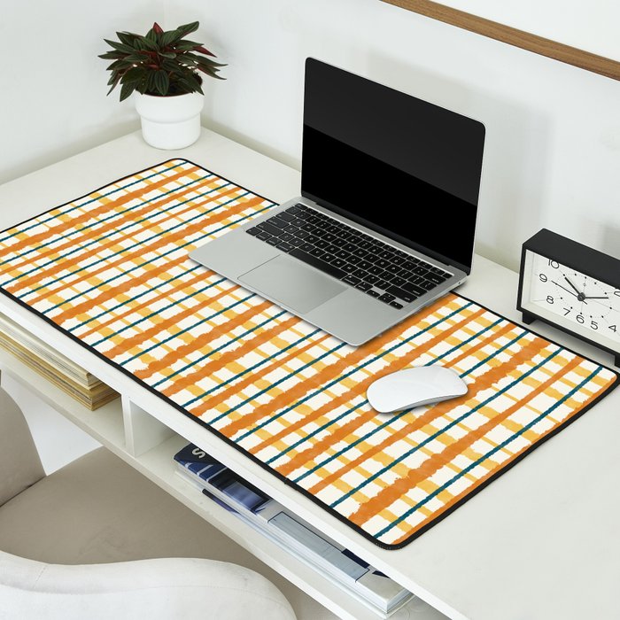 Retro Picnic Plaid Stripes - Watercolor Striped Pattern in Ochre, Mustard, Blue, and Cream Desk Mat Gallery Image 2