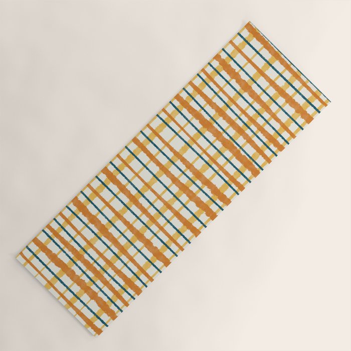Retro Picnic Plaid Stripes - Watercolor Striped Pattern in Ochre, Mustard, Blue, and Cream Yoga Mat Gallery Image 1