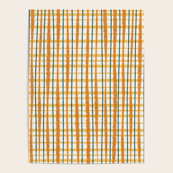 Retro Picnic Plaid Stripes - Watercolor Striped Pattern in Ochre, Mustard, Blue, and Cream Poster Gallery Image 4