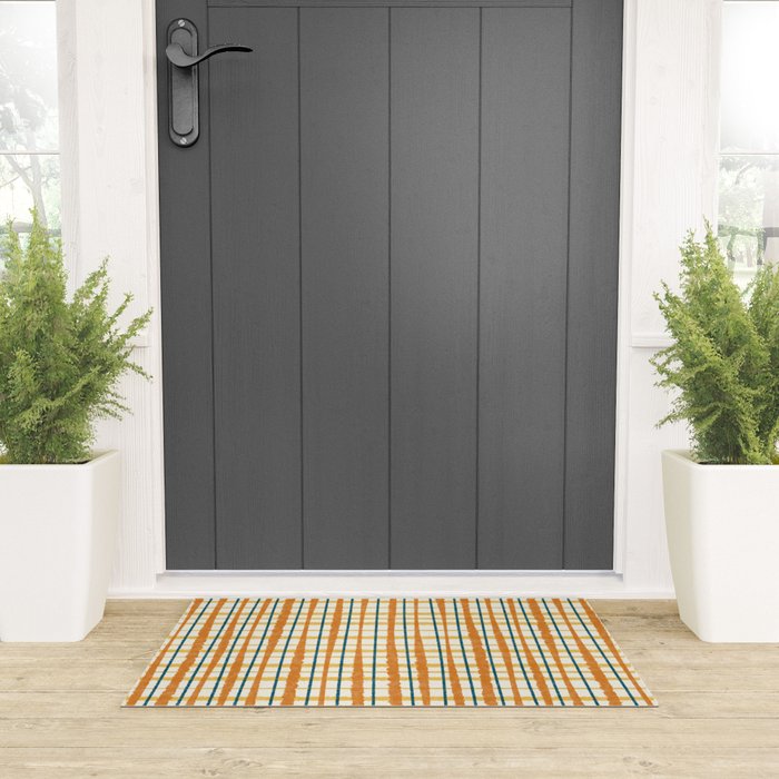 Retro Picnic Plaid Stripes - Watercolor Striped Pattern in Ochre, Mustard, Blue, and Cream Welcome Mat Gallery Image 3