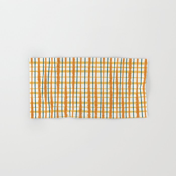Retro Picnic Plaid Stripes - Watercolor Striped Pattern in Ochre, Mustard, Blue, and Cream Bath Towel Gallery Image 1